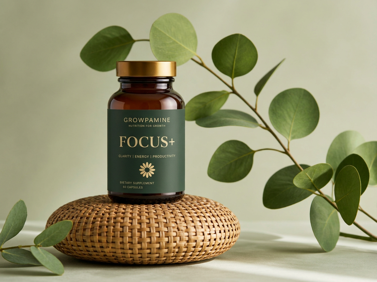 GROWPAMINE Focus+ bottle on a woven rattan with eucalyptus leaves